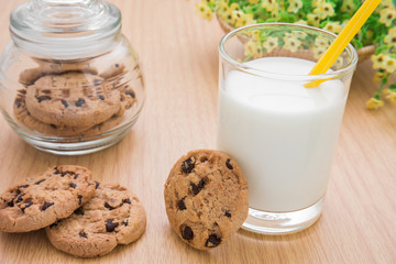 Milk glass and chocolate chip cookies
