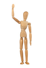 Wooden dummy man waving hello