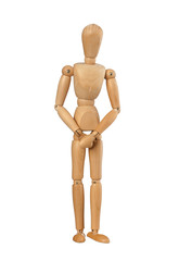 Wooden dummy covers his private parts with his hands.