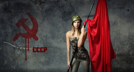 russian wall for model with red flag