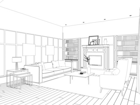 Sketch of the living room with sofa, frames and coffee table