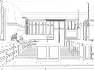 3d sketch of kitchen interior with dining area