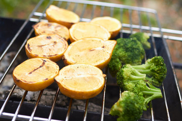 lemons, broccoli, grilled