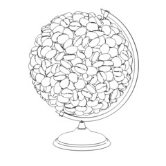 3d sketch of globe made of coffee beans isolated on white