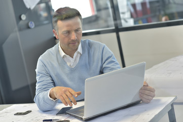 Fototapeta na wymiar Industrial manager in office working on laptop