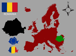 Romania - Three contours, Map of Europe and flag vector