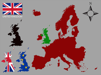 United Kingdom - Three contours, Map of Europe and flag vector