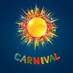 Carnival card with confetti and serpentine sun