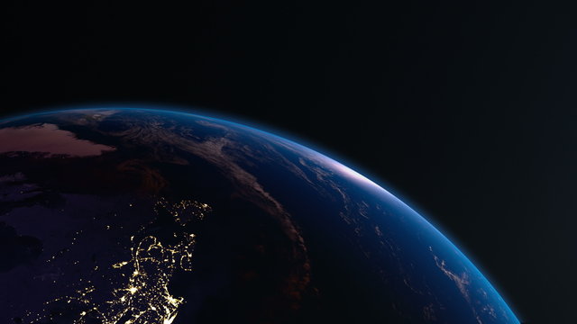 Earth view from space with night city lights. North America. 4K.