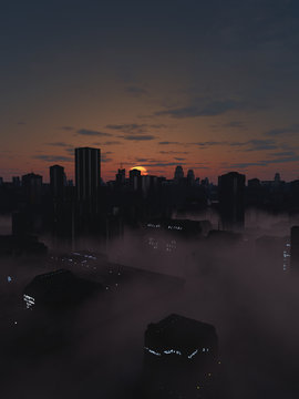Future City in Dark Misty Sunrise