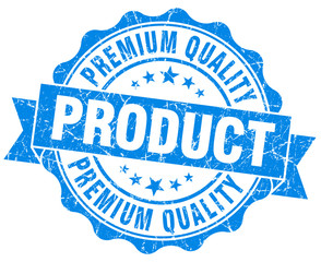 premium quality product blue grunge seal isolated on white