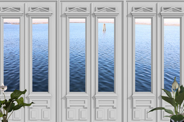 Vista 3D di finestra con sfondo della laguna di Venezia