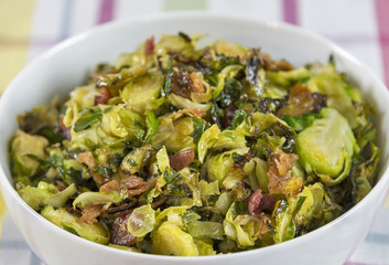 Roasted shaved brussels sprouts with crumbled bacon