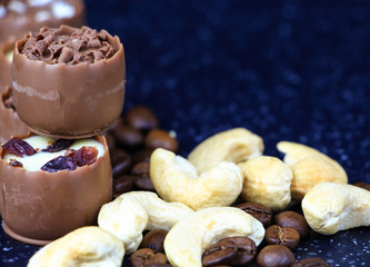 Assorted chocolate confectionery with coffee beans and cashews