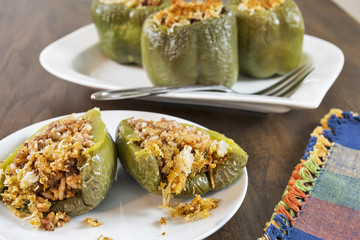 Green bell peppers stuffed with rice and ground beef