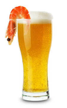 glass of beer with shrimp isolated on the white background