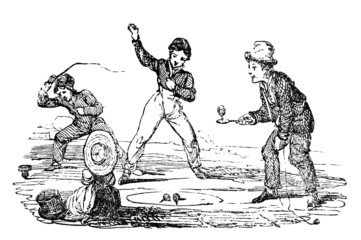 Fototapeta na wymiar 19th century engraving of boys playing tops