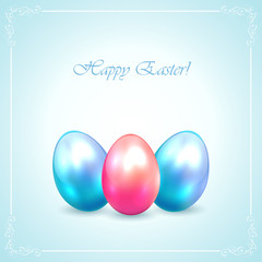 Three Easter eggs on blue background