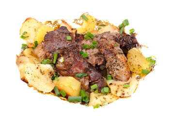 Barbecue meat with potato close-up as food background