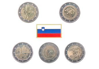 Collection of commemorative coins of Slovenia isolated on white