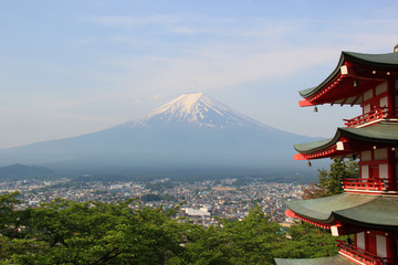 Fuji Mountain viewed from Chureito Pagoda at Arakura Sengen Shri