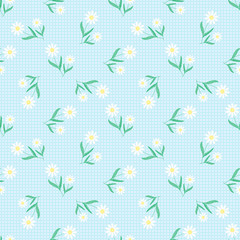 Seamless background of daisies on blue checkered