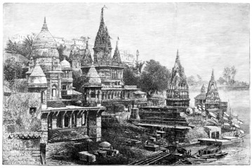 Victorian engraving of a view of Hindu temples at Varansi, India