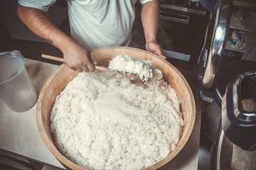 Japan rice in hangiri. Process.