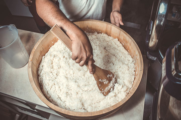 Japan rice in hangiri. Process.