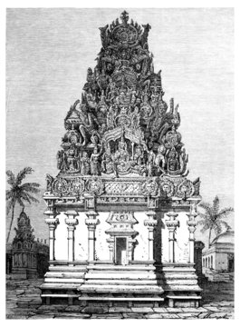 Victorian engraving of a  temple pagoda, Puducherry, India