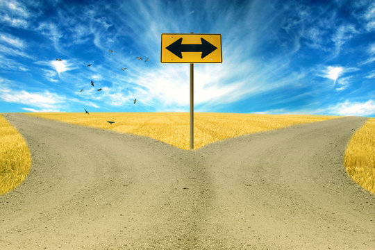 Two Roads, Road Sign Ahead With Arrows Blue Sky Background