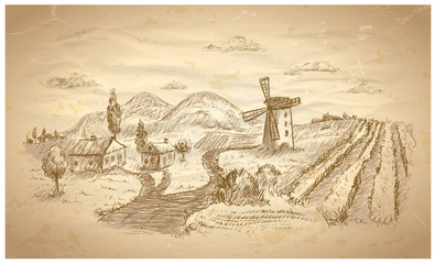 Rural landscape hand drawn illustration.