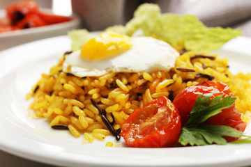 Tasty rice served on table, close-up