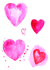 Painted hearts on sheet of paper isolated on white