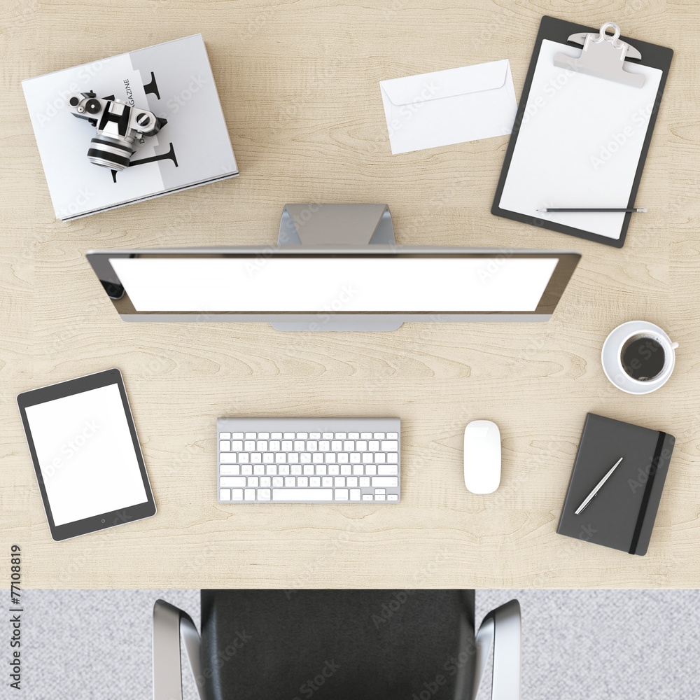 Poster wooden table with a computer
