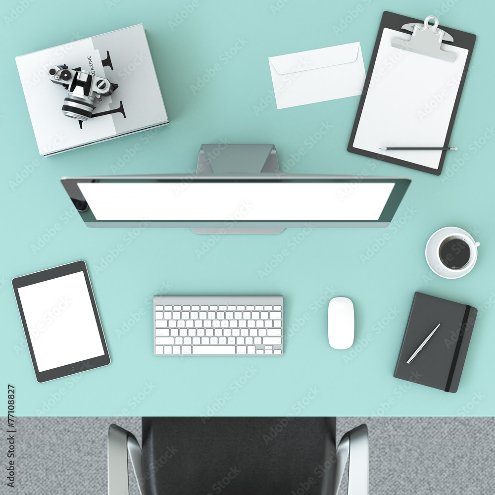 Poster green table with a computer