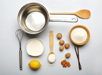 Food ingredients and kitchen utensils for cooking isolated