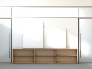 Blank posters on a shelf