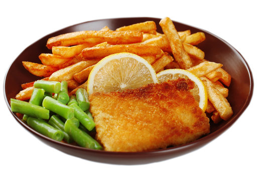 Breaded fried fillet and potatoes with asparagus and sliced