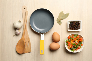 Food ingredients and kitchen utensils for cooking
