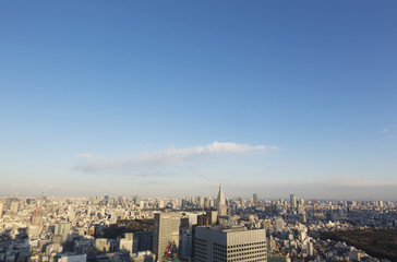 新宿高層ビルから望む夕陽を浴びる東京都心全景