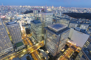Fototapeta premium ［東京都市風景］超広角で望む トワイライトの摩天楼新宿高層ビル街と東京全景 東京タワー 東京スカイツリーも望む