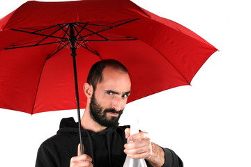 Man with red umbrella