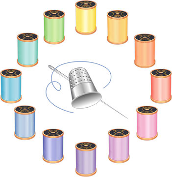 Sewing Needle Silver Thimble, 12 pastel thread spools in circle