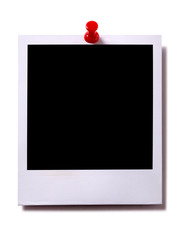 Single one polaroid style instant camera print pinned pushpin photo frame isolated white background...