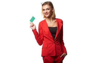 Beautiful smiling business woman wearing spectacles and in the r