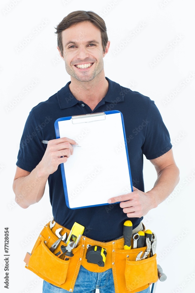 Poster carpenter showing blank clipboard