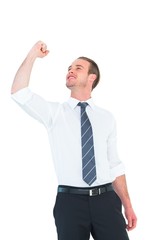 Businessman cheering with clenched fist