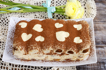 Tiramisu cake decorated with hearts