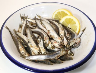 dish with freshly caught raw anchovies and two slices of lemon